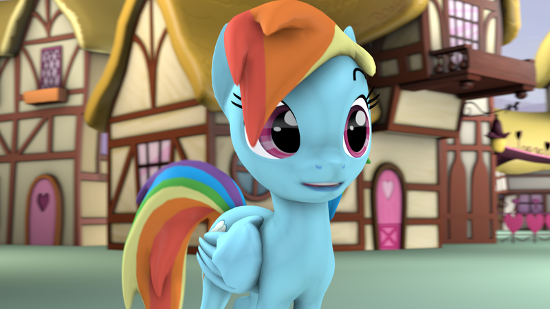 Size: 1280x720 | Tagged: safe, artist:redaceofspades, derpibooru import, rainbow dash, pegasus, pony, 3d, building, female, mare, multicolored hair, ponyville, solo, source filmmaker