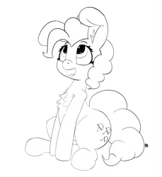 Size: 1280x1400 | Tagged: safe, artist:pabbley, derpibooru import, pinkie pie, earth pony, pony, 30 minute art challenge, chest fluff, female, impossibly large ears, lineart, mare, monochrome, open mouth, simple background, sitting, solo, white background