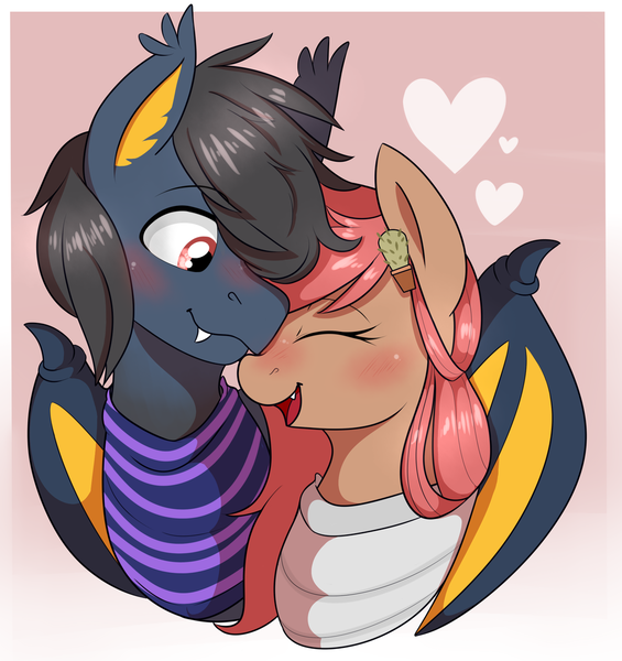 Size: 1024x1088 | Tagged: safe, artist:daydreamsyndrom, derpibooru import, oc, oc:cat nettles, oc:star storm, unofficial characters only, bat pony, pony, bat pony oc, duo, eyes closed, heart, hug, neckerchief, nettlestar, winghug