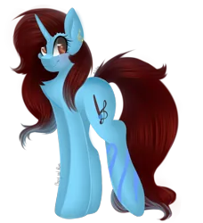 Size: 2300x2527 | Tagged: safe, artist:bambudess, artist:tehgamingcherryyt, derpibooru import, oc, oc:dess, unofficial characters only, pony, unicorn, blue, brown eyes, brown mane, chest fluff, collaboration, ear piercing, earring, female, jewelry, mare, piercing, smiling, solo