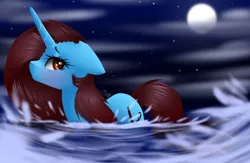 Size: 1024x668 | Tagged: safe, artist:bambudess, derpibooru import, oc, oc:dess, unofficial characters only, pony, unicorn, brown eyes, brown mane, cloud, female, mare, moon, night, solo, stars, water