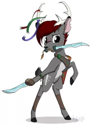 Size: 1132x1534 | Tagged: artist:sirzi, bipedal, deer, deer oc, derpibooru import, fordeer, freckles, mouth hold, oc, oc:taped blade, original species, ribbon, safe, scar, solo, sword, unofficial characters only, weapon