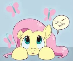 Size: 833x700 | Tagged: safe, artist:goat train, deleted from derpibooru, derpibooru import, fluttershy, butterfly, pony, bust, cute, female, hello, looking up, mare, prone, shyabetes, solo, speech bubble