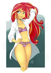 Size: 1800x2600 | Tagged: suggestive, artist:ponut_joe, derpibooru import, sunset shimmer, human, equestria girls, bedroom eyes, belly button, bra, breasts, clothes, delicious flat chest, female, freckles, lacy underwear, open clothes, open shirt, panties, pink underwear, sexy, smiling, smirk, solo, solo female, sunflat shimmer, underwear