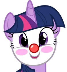 Size: 445x476 | Tagged: safe, artist:trini-mite, derpibooru import, edit, twilight sparkle, pony, unicorn, clown, clown makeup, clown nose, cute, female, horn, looking at you, makeup, mare, red nose, simple background, smiling, solo, transparent background, twiabetes, vector