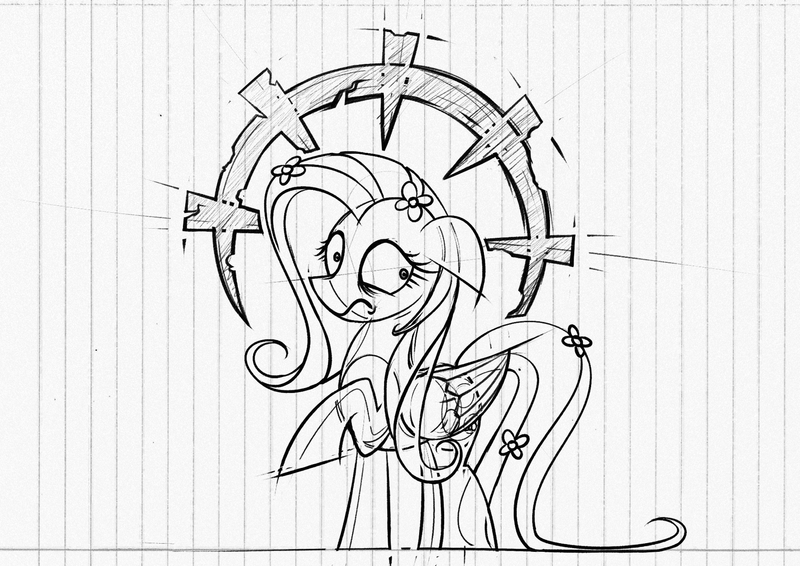 Size: 800x566 | Tagged: safe, artist:rambopvp, derpibooru import, fluttershy, pony, black and white, darkest dungeon, grayscale, lined paper, monochrome, parody, solo, stress, traditional art