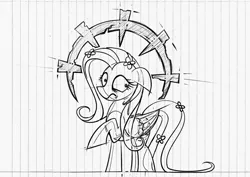 Size: 800x566 | Tagged: safe, artist:rambopvp, derpibooru import, fluttershy, pony, black and white, darkest dungeon, grayscale, lined paper, monochrome, parody, solo, stress, traditional art