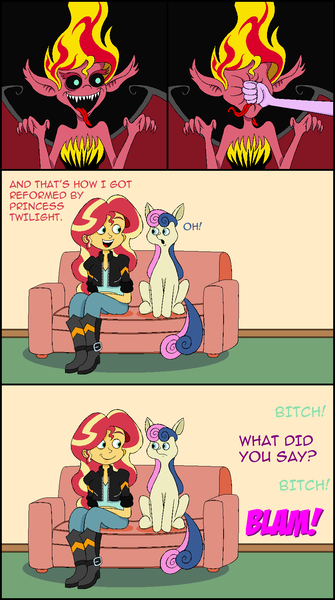 Size: 917x1644 | Tagged: safe, artist:hellarmy, derpibooru import, bon bon, sunset shimmer, sweetie drops, twilight sparkle, earth pony, pony, equestria girls, abuse, anticlimactic, anticlimax, comic, couch, female, implied lyra, mare, ms paint, punch, shimmerbuse, sunset satan, vulgar, wip