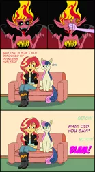 Size: 917x1644 | Tagged: safe, artist:hellarmy, derpibooru import, bon bon, sunset shimmer, sweetie drops, twilight sparkle, earth pony, pony, equestria girls, abuse, anticlimactic, anticlimax, comic, couch, female, implied lyra, mare, ms paint, punch, shimmerbuse, sunset satan, vulgar, wip