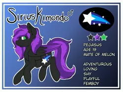 Size: 4800x3600 | Tagged: safe, artist:melonzy, derpibooru import, oc, oc:sirius kimondo, unofficial characters only, pegasus, pony, femboy, gradient background, male, name change, reference sheet, solo, stallion