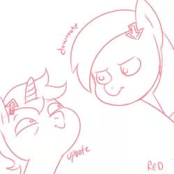 Size: 3000x3000 | Tagged: safe, artist:redprep, derpibooru import, oc, oc:downvote, oc:upvote, ponified, unofficial characters only, pony, derpibooru, derpibooru ponified, looking at each other, meta, simple background, sketch, white background