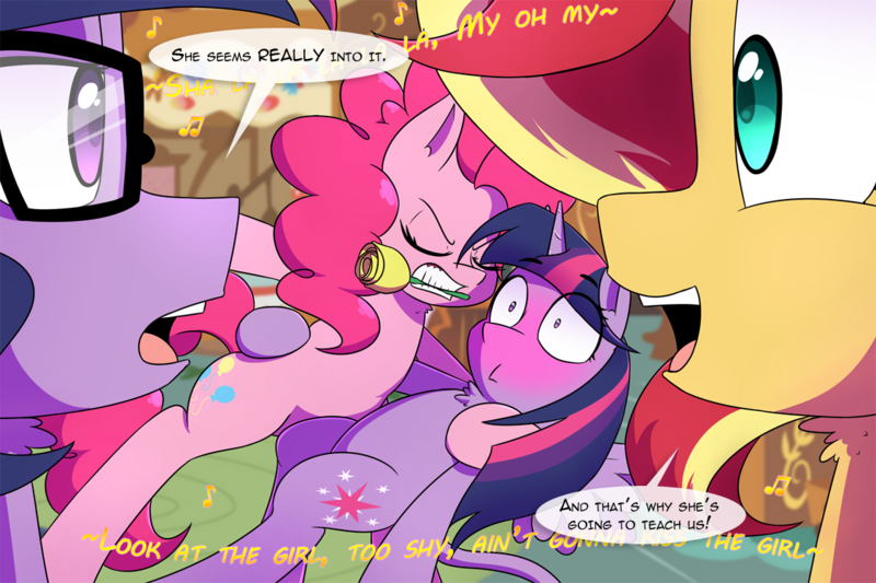 Size: 1125x750 | Tagged: safe, artist:jase1505, deleted from derpibooru, derpibooru import, pinkie pie, sci-twi, sunset shimmer, twilight sparkle, twilight sparkle (alicorn), ponified, alicorn, classical unicorn, pony, unicorn, comic:night at the gala, series:sunlight horizons, equestria girls, blushing, comic, dancing, equestria girls ponified, eyes closed, female, flower, leonine tail, lesbian, mare, music, rose, scitwishimmer, shipping, smiling, song reference, sunsetsparkle, the little mermaid, twinkie, unicorn sci-twi