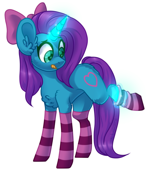 Size: 1205x1385 | Tagged: safe, artist:trickate, derpibooru import, oc, oc:chigs, unofficial characters only, pony, unicorn, bow, chest fluff, clothes, commission, female, hair bow, heart eyes, mare, simple background, socks, solo, stockings, striped socks, thigh highs, tongue out, transparent background, wingding eyes