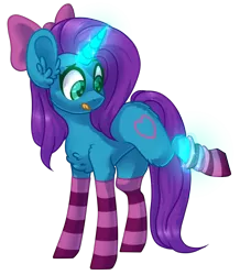 Size: 1205x1385 | Tagged: safe, artist:trickate, derpibooru import, oc, oc:chigs, unofficial characters only, pony, unicorn, bow, chest fluff, clothes, commission, female, hair bow, heart eyes, mare, simple background, socks, solo, stockings, striped socks, thigh highs, tongue out, transparent background, wingding eyes