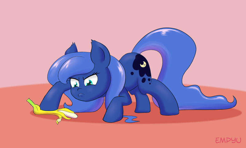 Size: 1000x600 | Tagged: safe, artist:empyu, derpibooru import, princess luna, earth pony, pony, banana, female, food, mare, race swap, s1 luna, simple background, solo, unamused