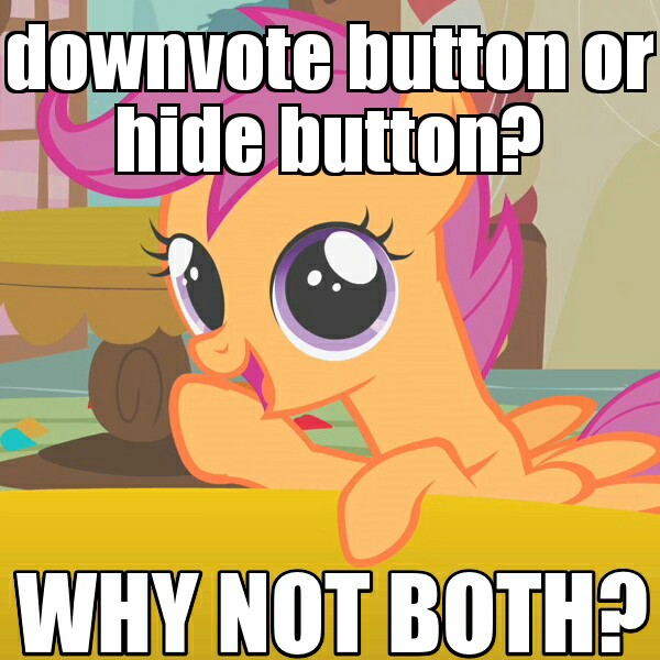 Size: 600x600 | Tagged: safe, derpibooru import, edit, edited screencap, screencap, scootaloo, pegasus, pony, call of the cutie, caption, female, filly, hilarious in hindsight, image macro, meme, reaction image, solo, the day downvote died, the day downvote survived, why not both