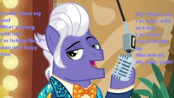 Size: 1280x720 | Tagged: all shook up, derpibooru import, edit, edited screencap, elvis presley, gladmane, hotel, las pegasus, looking at you, lyrics, microphone, safe, screencap, season 6, singing, solo, song reference, text, viva las pegasus