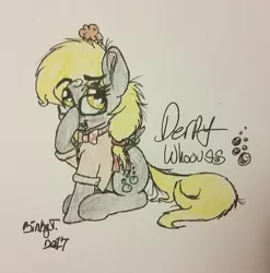 Size: 1830x1849 | Tagged: safe, artist:binkyt11, derpibooru import, derpy hooves, pegasus, pony, derpibooru, alternate hairstyle, blushing, bowtie, clothes, cute, derpabetes, dock, ear fluff, female, food, glasses, hair tie, heart eyes, mare, messy mane, meta, moderator, muffin, sitting, solo, that pony sure does love muffins, traditional art, wingding eyes