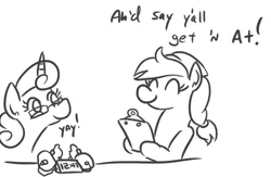 Size: 521x339 | Tagged: safe, artist:jargon scott, derpibooru import, princess flurry heart, oc, oc:tater trot, alicorn, earth pony, pony, a+, accent, clipboard, clock, cute, dialogue, digital clock, female, food, glasses, grayscale, monochrome, nerd, nerdy heart, older, potato, potato battery, science, simple background, smiling, solo, teenage flurry heart, teenager, white background, y'all, yay