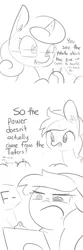 Size: 1650x4950 | Tagged: safe, artist:tjpones, derpibooru import, princess flurry heart, oc, oc:tater trot, alicorn, earth pony, pony, clipboard, comic, copper, dialogue, ear fluff, epic fail, fail, female, food, glasses, grades, grayscale, monochrome, nerd, nerdy heart, potato, potato battery, school, science, simple background, white background, zinc