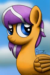 Size: 667x1000 | Tagged: safe, artist:rockingscorpion, derpibooru import, oc, oc:digidrop, unofficial characters only, pony, bust, happy, portrait, simple background, solo
