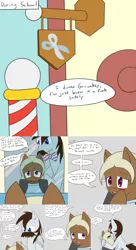 Size: 2400x4400 | Tagged: safe, artist:jake heritagu, derpibooru import, oc, oc:groombsy, oc:sandy hooves, unofficial characters only, pony, comic:ask motherly scootaloo, barber pole, comb, comic, haircut, mirror, scissors