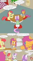 Size: 2400x4400 | Tagged: safe, artist:jake heritagu, derpibooru import, apple bloom, scootaloo, sweetie belle, pony, comic:ask motherly scootaloo, clothes, comic, hairpin, motherly scootaloo, plant, shake, straw, sweatshirt, table