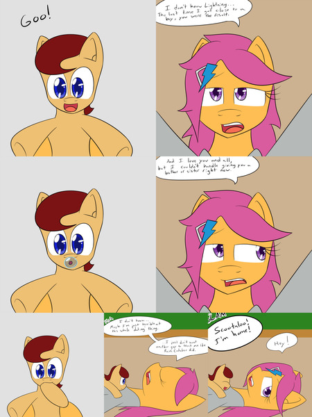 Size: 2400x3200 | Tagged: safe, artist:jake heritagu, derpibooru import, scootaloo, oc, oc:lightning blitz, pegasus, pony, comic:ask motherly scootaloo, baby, baby pony, colt, comic, duo, female, hairpin, holding a pony, male, mother and son, motherly scootaloo, offscreen character, offspring, older, older scootaloo, pacifier, parent:rain catcher, parent:scootaloo, parents:catcherloo, speech bubble, sweatshirt