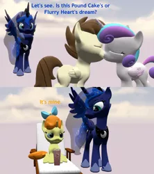 Size: 1280x1440 | Tagged: safe, artist:red4567, derpibooru import, pound cake, princess flurry heart, princess luna, pumpkin cake, pony, 3d, chair, cloud, dialogue, dream, female, food, kissing, male, older, popcorn, poundflurry, pumpkin the shipper, shipper on deck, shipping, source filmmaker, straight