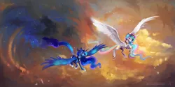 Size: 3464x1732 | Tagged: safe, artist:wilvarin-liadon, derpibooru import, princess celestia, princess luna, alicorn, pony, crown, duo, ethereal mane, female, flying, jewelry, large wings, lidded eyes, looking at you, mare, regalia, royal sisters, scenery, sisters, spread wings, starry mane, wings