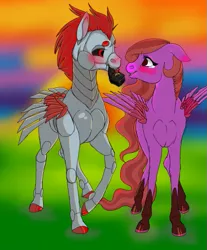 Size: 553x669 | Tagged: safe, artist:mlplover1987, derpibooru import, oc, oc:di red, oc:kasuna insanity, unofficial characters only, pegasus, pony, robot, blushing, crying, disuna, engagement ring, eyeliner, female, makeup, male, marriage proposal, mouth hold, oc x oc, shipping, straight, sunset, tears of joy