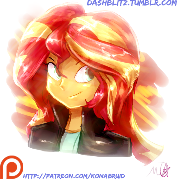 Size: 776x786 | Tagged: safe, artist:manic-the-lad, derpibooru import, sunset shimmer, equestria girls, a dash of everything, abstract background, bust, painting, patreon, patreon logo, portrait, smiling, solo