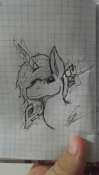 Size: 1440x2560 | Tagged: safe, artist:xxenocage, derpibooru import, oc, unofficial characters only, pony, bust, graph paper, gun, monochrome, portrait, rifle, solo, traditional art, weapon