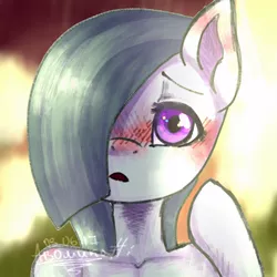 Size: 1000x1000 | Tagged: safe, artist:artflaffu, derpibooru import, marble pie, earth pony, semi-anthro, blushing, bust, female, hair over one eye, looking at you, mare, portrait, signature, solo