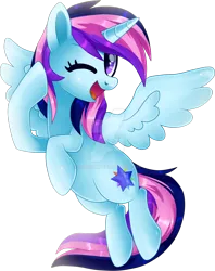 Size: 1024x1294 | Tagged: safe, artist:sugguk, derpibooru import, oc, oc:bright star, unofficial characters only, alicorn, pony, female, mare, one eye closed, simple background, solo, transparent background, watermark, wink