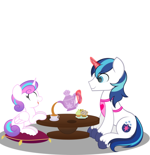 Size: 1024x1060 | Tagged: safe, artist:askshalua, derpibooru import, princess flurry heart, shining armor, alicorn, pony, unicorn, best dad ever, cup, cupcake, cute, duo, empty eyes, equestria's best father, eyes closed, father and daughter, female, filly, flurrybetes, food, happy, levitation, like father like daughter, magic, male, older, open mouth, shining adorable, simple background, sitting, smiling, stallion, table, tea party, teacup, teapot, telekinesis, transparent background