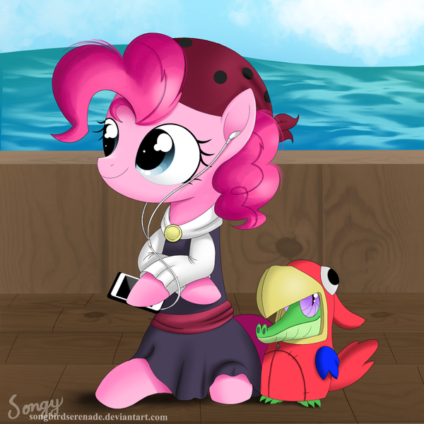 Size: 2000x2000 | Tagged: safe, artist:songbirdserenade, derpibooru import, gummy, pinkie pie, parrot, pony, my little pony: the movie, animal costume, clothes, costume, earbuds, gummy the parrot, high res, ocean, pirate, pirate pinkie pie, ship, sitting