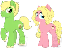 Size: 924x700 | Tagged: safe, alternate version, artist:tambelon, derpibooru import, oc, oc:hard cider, oc:pink lady, unofficial characters only, earth pony, pony, brother and sister, duo, female, magical lesbian spawn, male, mare, offspring, parent:applejack, parent:rainbow dash, parents:appledash, siblings, simple background, stallion, transparent background, unshorn fetlocks, watermark