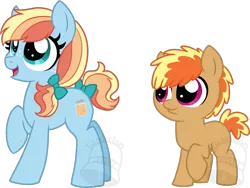 Size: 933x700 | Tagged: safe, alternate version, artist:tambelon, derpibooru import, oc, oc:apple butter, oc:applesauce, unofficial characters only, earth pony, pony, bow, brother and sister, colt, duo, female, filly, freckles, hair bow, magical lesbian spawn, male, offspring, parent:applejack, parent:rainbow dash, parents:appledash, siblings, simple background, tail bow, transparent background, watermark