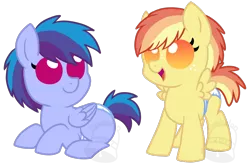 Size: 1002x657 | Tagged: safe, alternate version, artist:tambelon, derpibooru import, oc, oc:flying colors, oc:moonbow, unofficial characters only, pegasus, pony, brother and sister, colt, diaper, duo, female, filly, freckles, magical lesbian spawn, male, offspring, parent:applejack, parent:rainbow dash, parents:appledash, siblings, simple background, transparent background, watermark