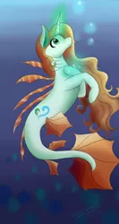 Size: 4304x8096 | Tagged: safe, artist:shirofluff, derpibooru import, oc, oc:sea scribe, unofficial characters only, merpony, pony, seapony (g4), unicorn, absurd resolution, amulet, lionfish, magic neclace, magic pendant, ocean, solo, underwater