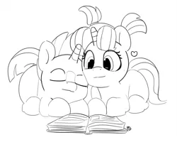 Size: 1280x1025 | Tagged: safe, artist:pabbley, derpibooru import, starlight glimmer, sunburst, pony, unicorn, 30 minute art challenge, colt, colt sunburst, cute, eyes closed, female, filly, filly starlight glimmer, glimmerbetes, heart, male, monochrome, reading, shipping, simple background, snuggling, starburst, straight, sunbetes, white background, younger