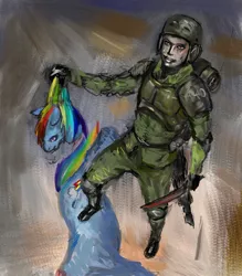 Size: 1024x1168 | Tagged: artist needed, grimdark, derpibooru import, rainbow dash, pony, abuse, blood, dashabuse, dead, death, decapitated, decapitation, guardsman, imperial guard, knife, severed head, warhammer (game), warhammer 40k