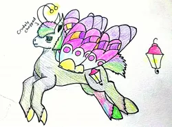 Size: 1273x944 | Tagged: safe, artist:gammapony, derpibooru import, oc, oc:clairvoyance, unofficial characters only, flutter pony, pony, ponyfinder, butterfly wings, colored pencil drawing, dungeons and dragons, flying, hand drawing, male, pen and paper rpg, rpg, solo, stallion, traditional art