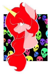 Size: 1024x1501 | Tagged: safe, artist:velvetyvictory, derpibooru import, oc, oc:sugarskull, unofficial characters only, pony, unicorn, abstract background, bust, female, mare, portrait, skull, smiling, solo