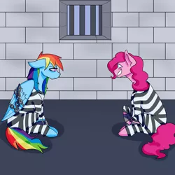 Size: 5000x5000 | Tagged: safe, artist:sharksrule12, derpibooru import, pinkie pie, rainbow dash, pony, absurd resolution, bound wings, cell, chains, clothes, cuffed, cuffs, duo, frustrated, grin, handcuffed, jail, nervous, nervous grin, prison, prison outfit, prison stripes, prisoner rd, shackles, smiling