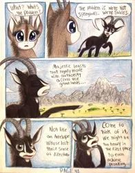 Size: 1080x1376 | Tagged: safe, artist:thefriendlyelephant, derpibooru import, oc, oc:sabe, oc:uganda, unofficial characters only, giant sable antelope, pony, comic:sable story, acacia tree, africa, bigot, bush, cloven hooves, comic, egotistical, grass, horns, mountain, savanna, traditional art