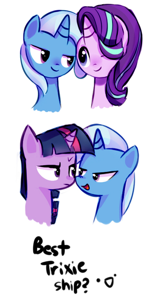 Size: 482x945 | Tagged: source needed, safe, artist:millioncookies, derpibooru import, starlight glimmer, trixie, twilight sparkle, twilight sparkle (alicorn), alicorn, pony, unicorn, female, lesbian, mare, one eye closed, shipping, startrix, twixie, wink