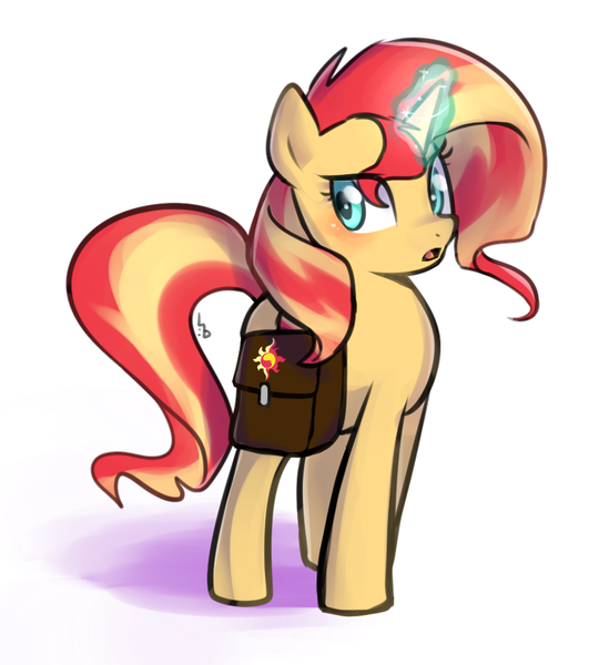 Size: 900x1000 | Tagged: safe, artist:haden-2375, derpibooru import, sunset shimmer, pony, unicorn, cute, female, magic, mare, open mouth, raised eyebrow, saddle bag, shimmerbetes, solo