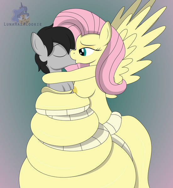 Size: 2692x2933 | Tagged: questionable, artist:lunahazacookie, derpibooru import, fluttershy, oc, unnamed oc, anthro, lamia, original species, breasts, busty fluttershy, canon x oc, coils, female, fluttersnake, kissing, male, nipples, nudity, sideboob, species swap, spread wings, straight, wings